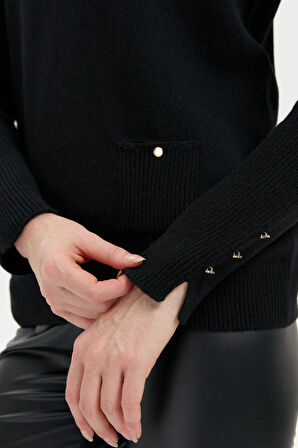 Desen Triko Kadın Sıfır Yaka Dikişsiz Cepli Yün Kazak 24205 Siyah