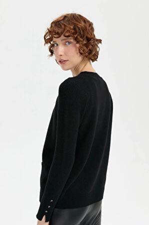 Desen Triko Kadın Sıfır Yaka Dikişsiz Cepli Yün Kazak 24205 Siyah