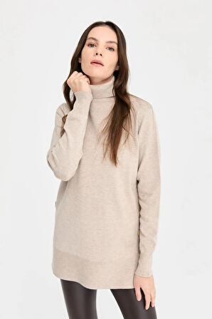 Desen Triko Kadın Tam Balıkçı Yaka Dikişsiz Kazak 23391 B.Melanj