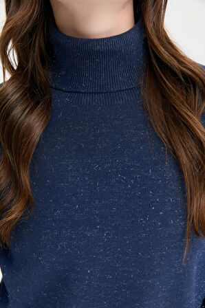 Desen Triko Kadın Tam Balıkçı Yaka Dikişsiz Kazak 23391 Lacivert