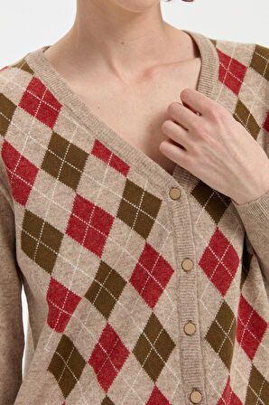 Desen Triko Kadın V Yaka Önü Baklavalı Hırka 24040 K. Bej