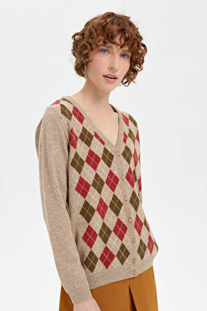 Desen Triko Kadın V Yaka Önü Baklavalı Hırka 24040 K. Bej