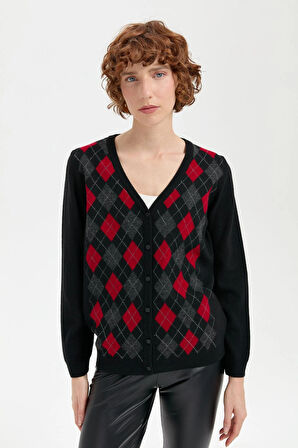 Desen Triko Kadın V Yaka Önü Baklavalı Hırka 24040 Siyah