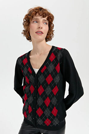 Desen Triko Kadın V Yaka Önü Baklavalı Hırka 24040 Siyah