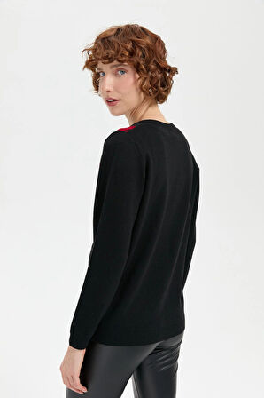 Desen Triko Kadın V Yaka Önü Baklavalı Hırka 24040 Siyah