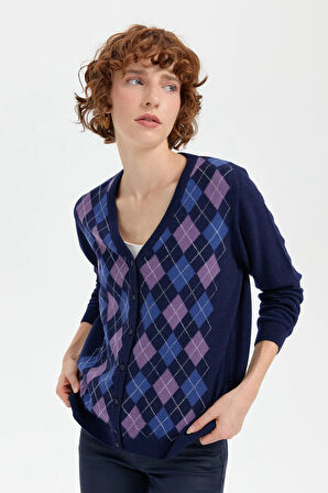 Desen Triko Kadın V Yaka Önü Baklavalı Hırka 24040 Y.A. Lacivert