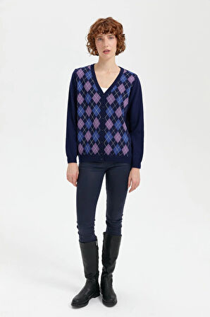 Desen Triko Kadın V Yaka Önü Baklavalı Hırka 24040 Y.A. Lacivert