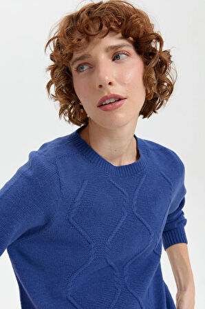 Desen Triko Kadın Sıfır Yaka Dikişsiz Önü Baklava Örgü Yün Kazak 24217 Mavi