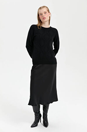 Desen Triko Kadın Sıfır Yaka Dikişsiz Önü Baklava Örgü Yün Kazak 24217 Siyah