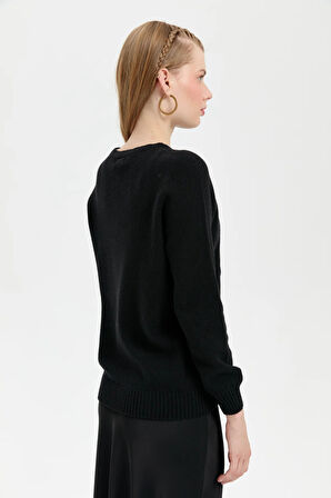 Desen Triko Kadın Sıfır Yaka Dikişsiz Önü Baklava Örgü Yün Kazak 24217 Siyah