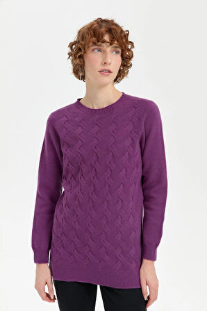 Desen Triko Kadın Sıfır Yaka Dikişsiz Önü Saç Örgülü Yün Kazak 24214 A.Mor