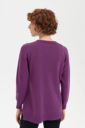 Desen Triko Kadın Sıfır Yaka Dikişsiz Önü Saç Örgülü Yün Kazak 24214 A.Mor