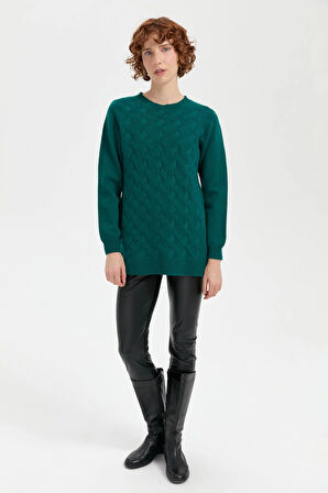 Desen Triko Kadın Sıfır Yaka Dikişsiz Önü Saç Örgülü Yün Kazak 24214 K. Ördek Başı