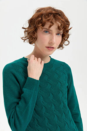 Desen Triko Kadın Sıfır Yaka Dikişsiz Önü Saç Örgülü Yün Kazak 24214 K. Ördek Başı