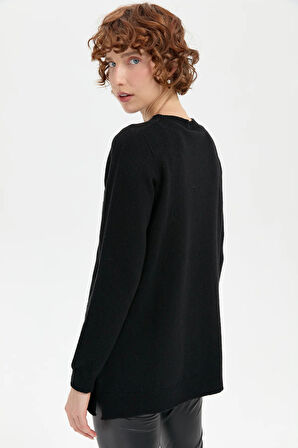 Desen Triko Kadın Sıfır Yaka Dikişsiz Önü Saç Örgülü Yün Kazak 24214 Siyah