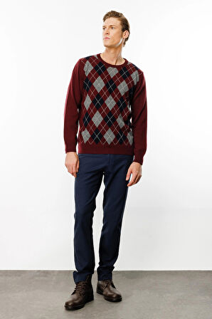 Desen Triko Erkek Sıfır Yaka Önü Baklava Desenli Kazak 24511 Bordo