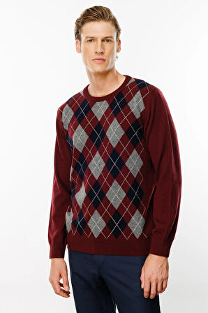 Desen Triko Erkek Sıfır Yaka Önü Baklava Desenli Kazak 24511 Bordo