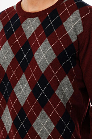 Desen Triko Erkek Sıfır Yaka Önü Baklava Desenli Kazak 24511 Bordo