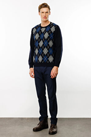 Desen Triko Erkek Sıfır Yaka Önü Baklava Desenli Kazak 24511 Koyu Lacivert