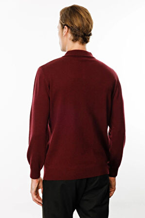 Desen Triko Erkek Polo Yaka Önü Baklava Desenli Yün Kazak 24513 Bordo