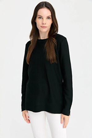 Desen Triko Kadın Sıfır Yaka Yırtmaçlı Kazak 24357 Siyah