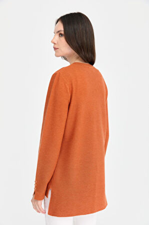 Desen Triko Kadın Sıfır Yaka Yırtmaçlı Kazak 24357 Turuncu