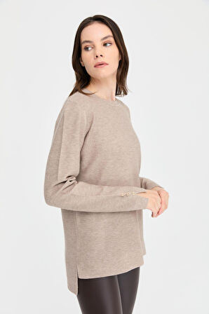 Desen Triko Kadın Sıfır Yaka Yırtmaçlı Kazak 24357 Vizon