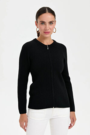 Desen Triko Kadın Sıfır Yaka Dikişsiz Fermuarlı Yün Hırka 24219 Siyah