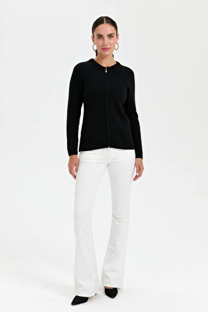 Desen Triko Kadın Sıfır Yaka Dikişsiz Fermuarlı Yün Hırka 24219 Siyah