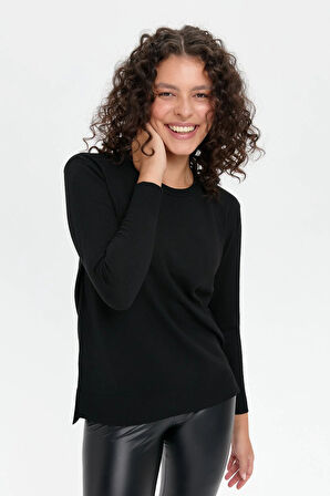 Desen Triko Kadın Sıfır Yaka Yanı Yırtmaçlı Kazak 24358 Siyah