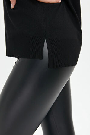 Desen Triko Kadın Sıfır Yaka Yanı Yırtmaçlı Kazak 24358 Siyah