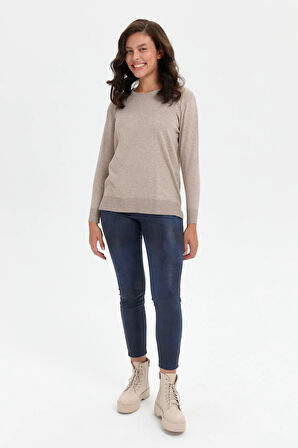 Desen Triko Kadın Sıfır Yaka Yanı Yırtmaçlı Kazak 24358 Vizon