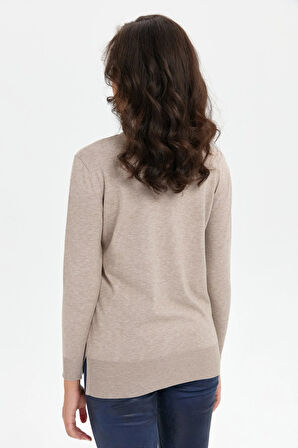 Desen Triko Kadın Sıfır Yaka Yanı Yırtmaçlı Kazak 24358 Vizon