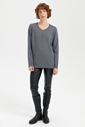 Desen Triko V Yakası Kolye Desen Taşlı Eteği Lastikli Kadın Bluz 24090