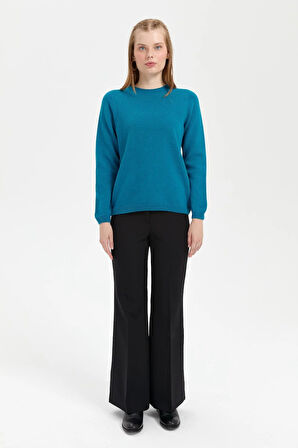 Desen Triko Kadın Sıfır Yaka Klasik Yün Kazak 23163 Petrol