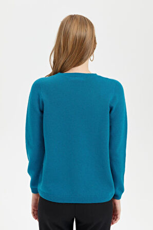 Desen Triko Kadın Sıfır Yaka Klasik Yün Kazak 23163 Petrol