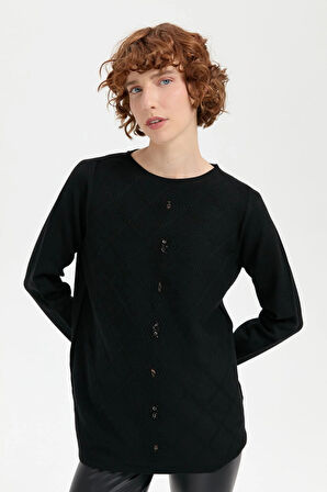 Desen Triko Önü Baklavalı Boncuk İşlemeli Sıfır Yaka Kadın Kazak 24175