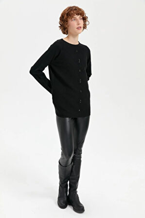 Desen Triko Önü Baklavalı Boncuk İşlemeli Sıfır Yaka Kadın Kazak 24175