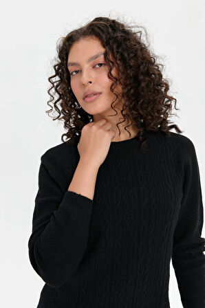 Desen Triko Kadın Sıfır Yaka Dikişsiz Önü Yürütmeli Yün Kazak 24222 Siyah