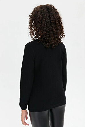 Desen Triko Kadın Sıfır Yaka Dikişsiz Önü Yürütmeli Yün Kazak 24222 Siyah