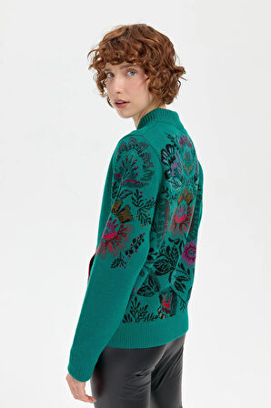 Desen Triko Kadın Hakim Yaka Arkası ve Kolu Çiçek Desenli Yün Ceket 24049 A.Ö. Başı