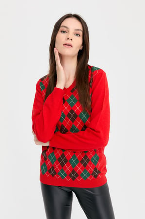 Desen V Yaka Argyle Desenli Oversize Kadın Kazak - Günlük Kullanım
