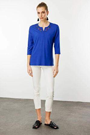 Desen Triko Kadın Açma Yaka Nakış İşlemeli Penye Bluz 25701 Saks