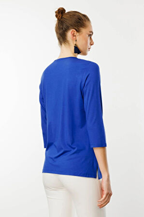 Desen Triko Kadın Açma Yaka Nakış İşlemeli Penye Bluz 25701 Saks