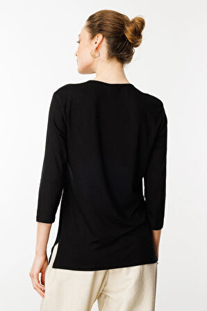 Desen Triko Kadın Açma Yaka Nakış İşlemeli Penye Bluz 25701 Siyah