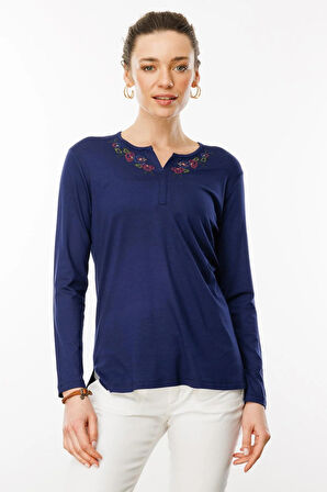 Desen Triko Kadın Nakış İşlemeli Uzun Kollu Penye Bluz 25702 Lacivert