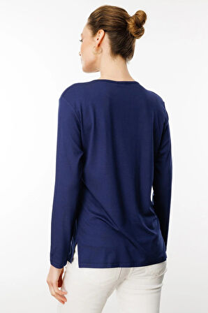 Desen Triko Kadın Nakış İşlemeli Uzun Kollu Penye Bluz 25702 Lacivert