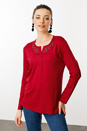 Desen Triko Kadın Nakış İşlemeli Uzun Kollu Penye Bluz 25702 Vişne