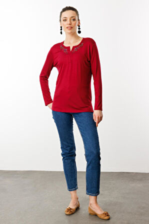 Desen Triko Kadın Nakış İşlemeli Uzun Kollu Penye Bluz 25702 Vişne