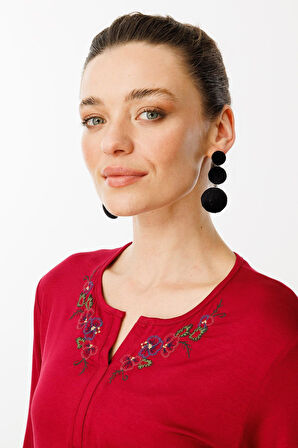 Desen Triko Kadın Nakış İşlemeli Uzun Kollu Penye Bluz 25702 Vişne